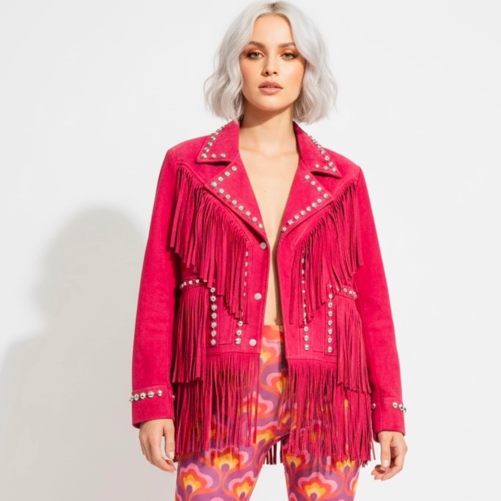 NWT Understated Leather Vibrant Berry Red Studded Fringe Leather Jacket XS